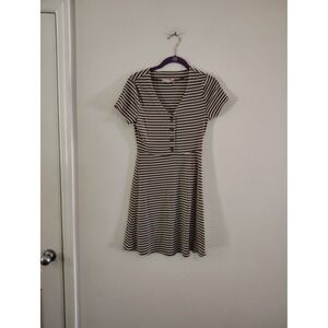 Pink Rose Vintage Brown White Striped Ribbed‎ Knit Button Front Skater Dress L